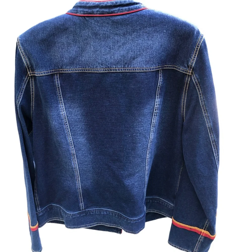 Chico’s size 10-12 denim military jacket stretch gold detail oversized - Picture 2 of 14